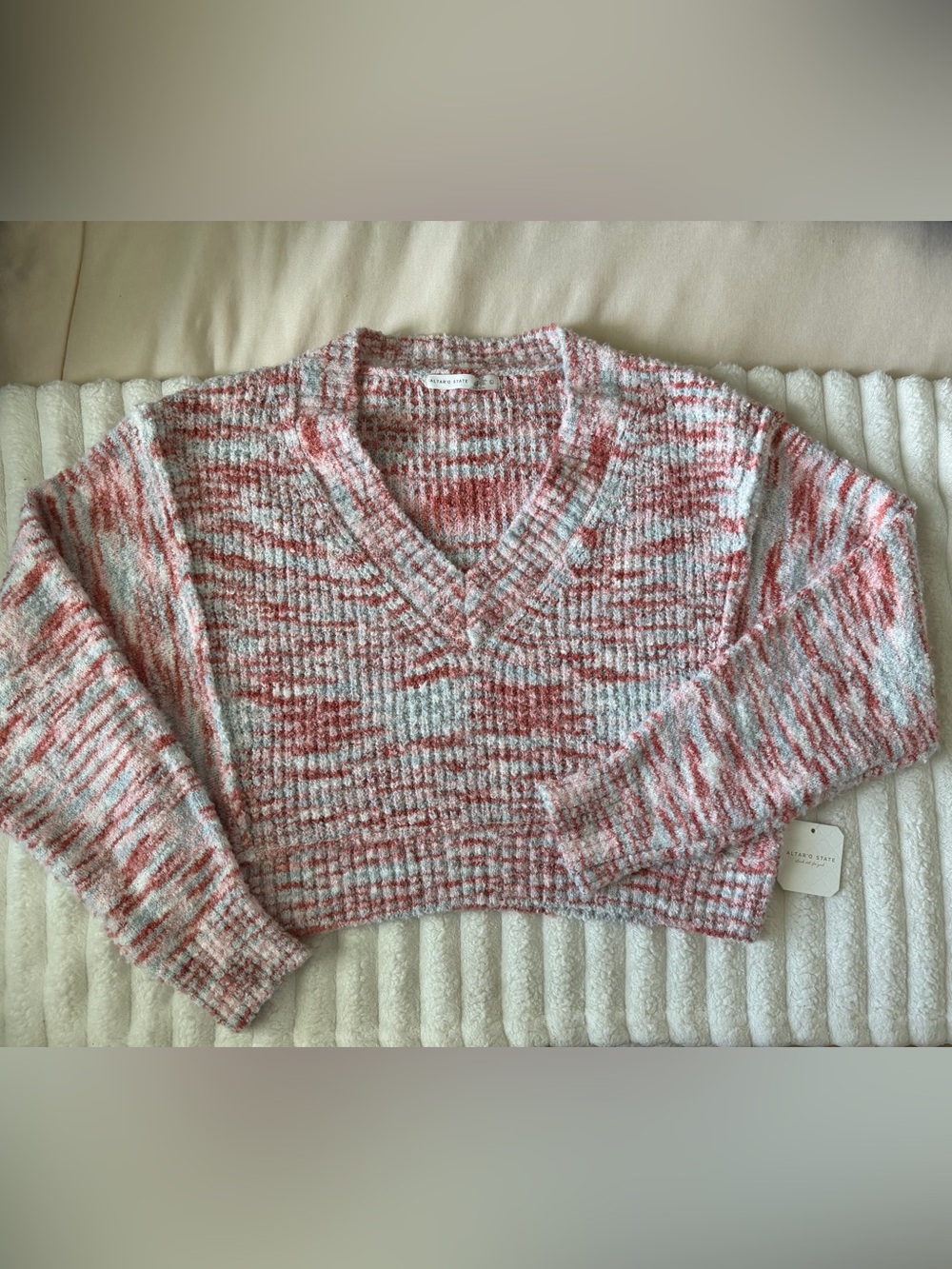 NWT Altar'd State Pink & White Marled V-Neck Sweater